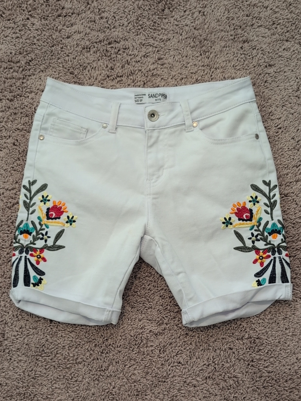 Sandpiper White Embroidered Floral Denim Shorts